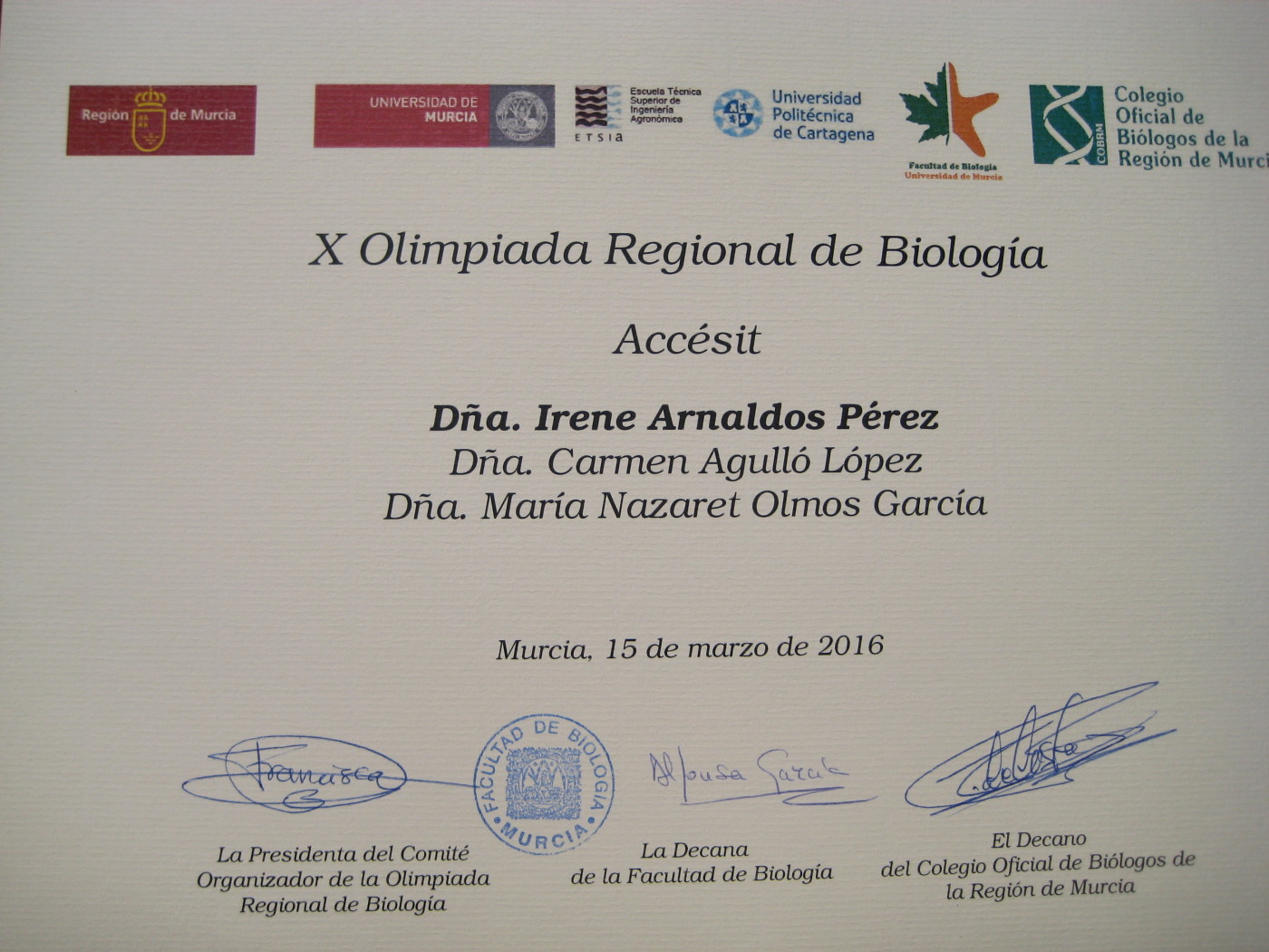 Irene Arnaldos Pérez, premiada en la X Olimpiada Regional de Biología